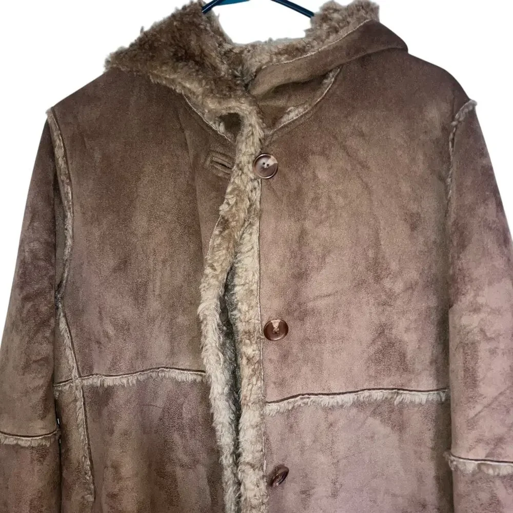 Vintage Y2K Gallery Tan Suede Sherpa Penny Lane Trench Coat-size Small - Picture 4 of 15
